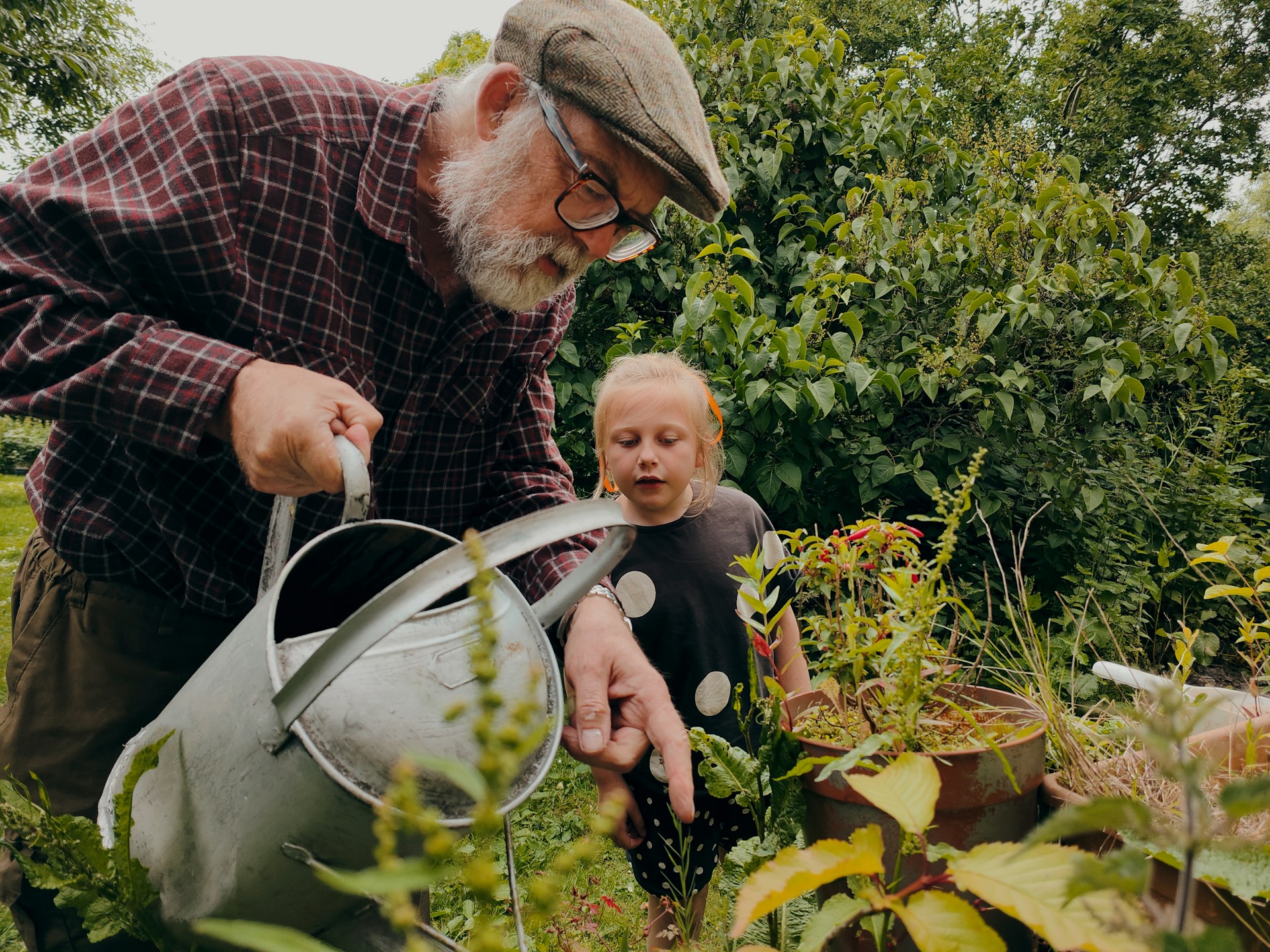 Foto de um homem idoso, grisalho, barbudo, de boina e óculos marrons, segurando um regador e apontando algumas plantas em um jardim, como se mostrasse algo para uma criança loirinha ao seu lado que olha com curiosidade e interesse
