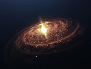 Ilustração de uma estrela muito grande com raios e partículas douradas irradiadas em espiral